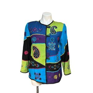 Vintage 90s Patchwork Boxy Jacket Funky Embroidery Medium Blue Black Green